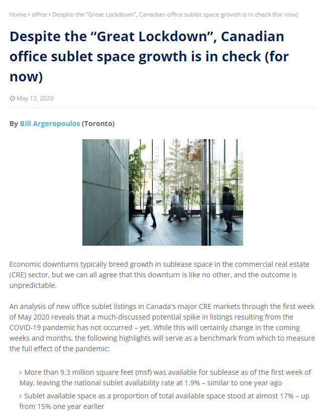 Despite the “Great Lockdown”, Canadian office sublet space growth is in check (for now)