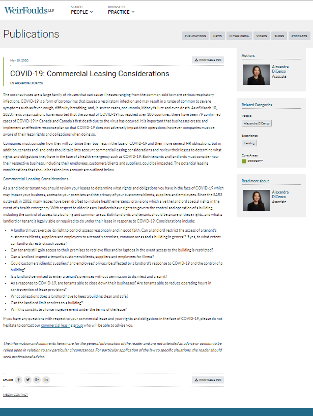 WeirFoulds COVID-19: Commercial Leasing Considerations
