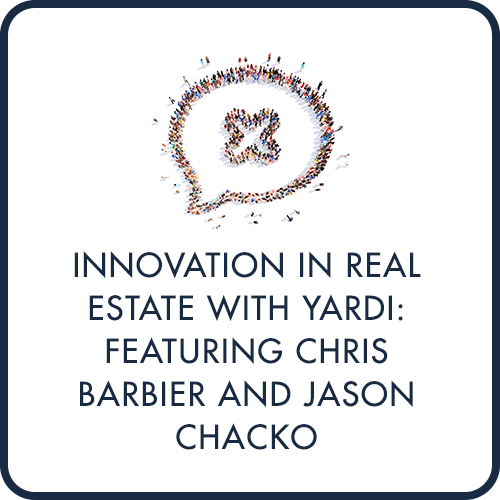 People standing in the shape of a speech bubble from a bird's eye view, above navy blue text that says Innovation in Real Estate with Yardi Featuring Courtney Renaldo